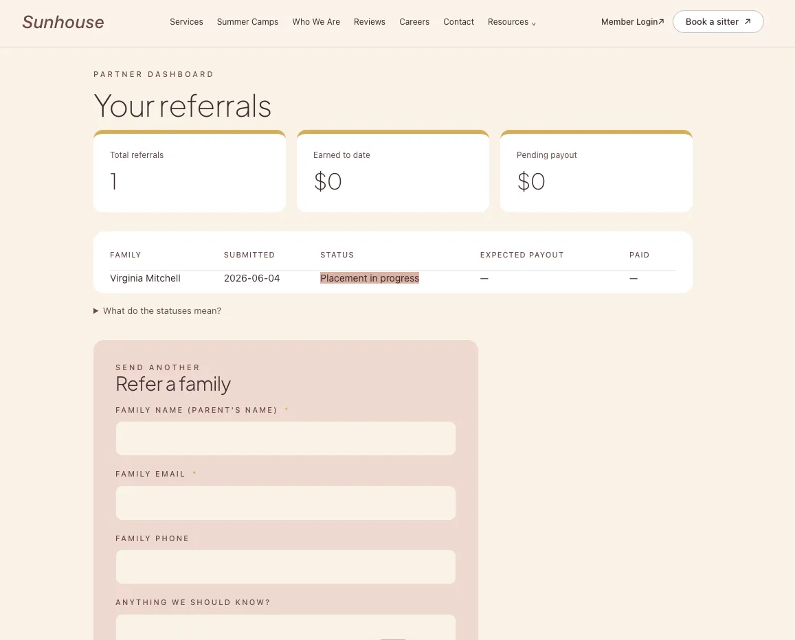 The Sunhouse partner dashboard, where a partner logs in and tracks each referral, what it will pay, and when.