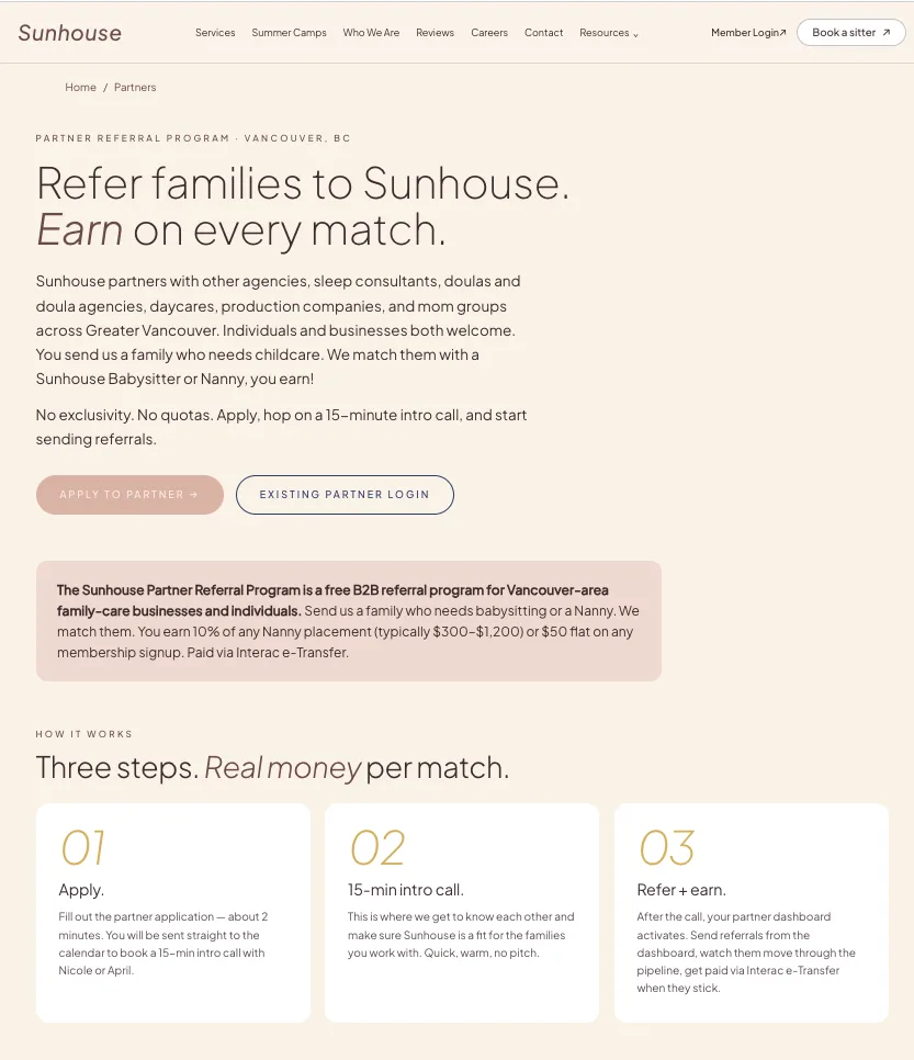The Sunhouse partner referral page, a live portal built from a single conversation.